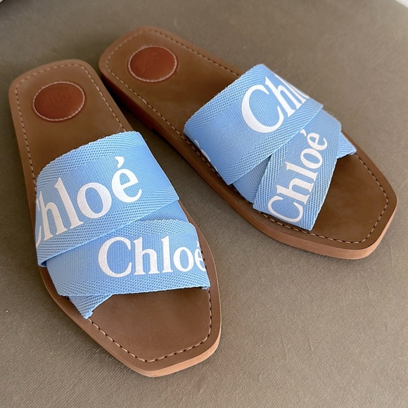 Chloe Shoes - Chloe Logo Woody Flat Logo Ribbon Slide Sandal Graceful Blue size US 8/ 38 EU